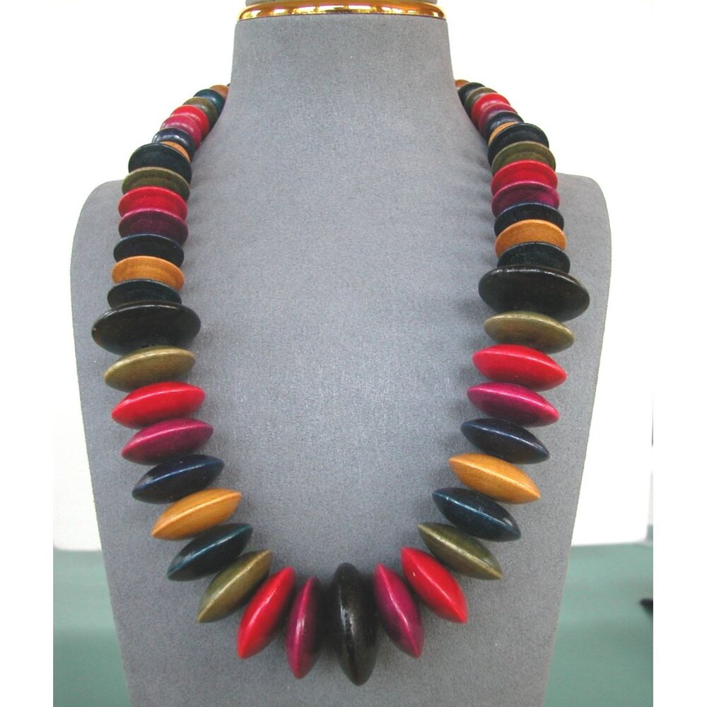 Colorful Wood Necklace With Silver-Tone Chain 18"